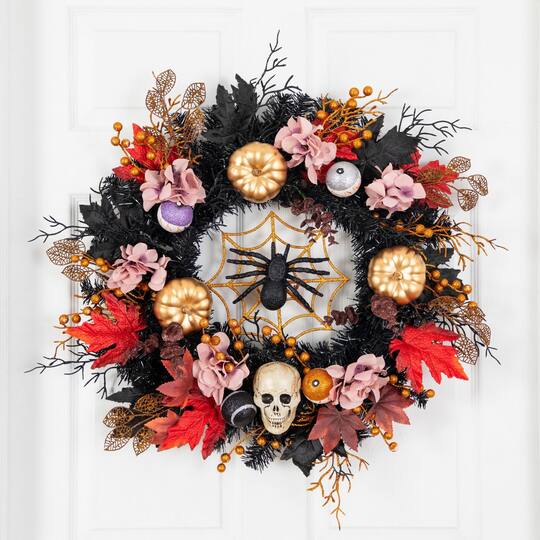 24" Artificial Halloween Wreath with Skulls, Spiders and Pumpkins
